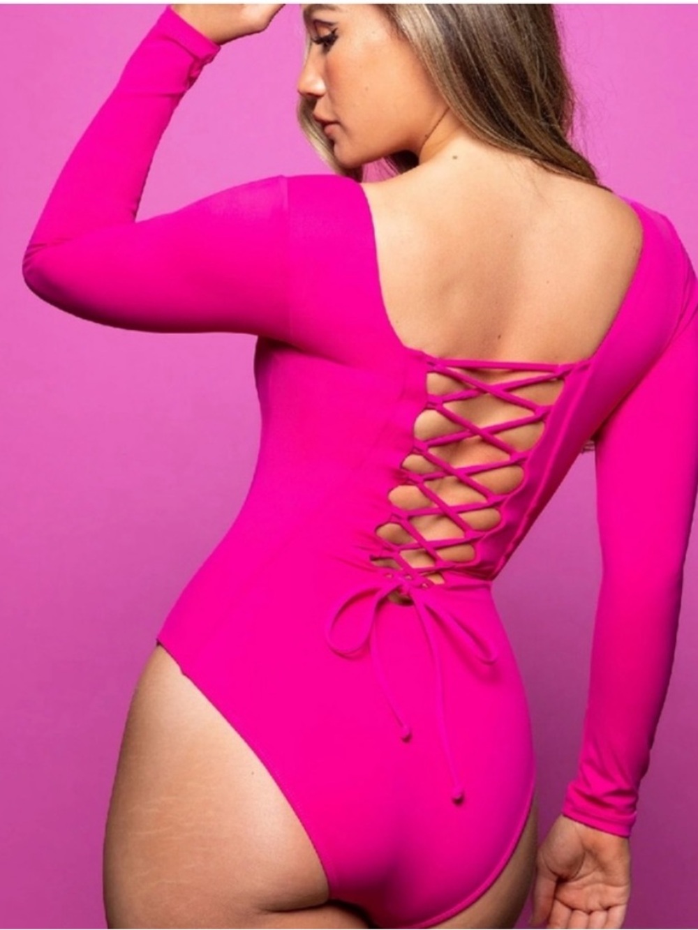TA3 Squarey Pink Long Sleeve Lace-Up Back One-Piece Bodysuit L